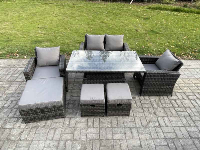 Fimous Outdoor Garden Dining Sets 7 Seater Rattan Patio Furniture Sofa Set with Rising Lifting Table 3 Footstools Dark Grey Mixed