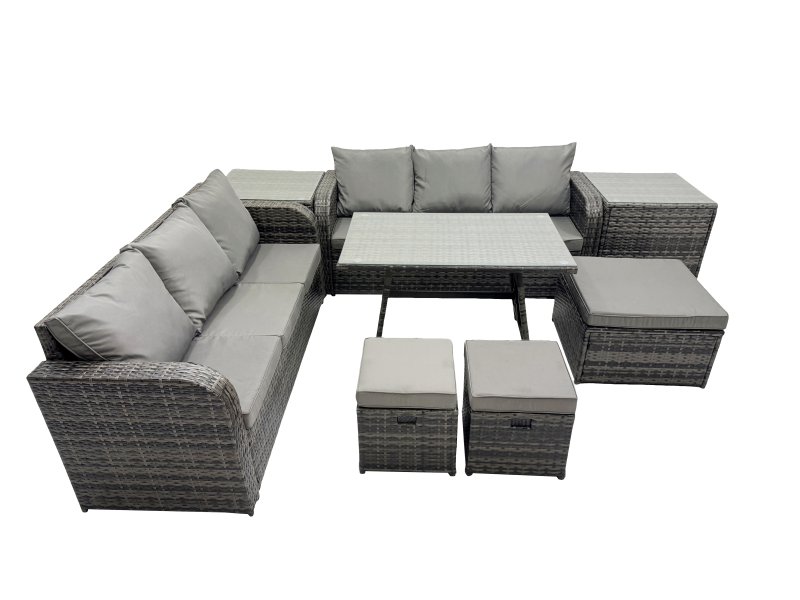 Fimous Garden Rattan Outdoor Furniture Set 9 Seater with 3 Seater Sofa 3 Stools 2 Side Table Dark Grey