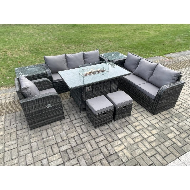 Fimous 9 Seater Wicker Rattan Garden Furniture Set Gas Fire Pit Dining Table Reclining Chair 3 Seater Sofa Set Indoor Outdoor with Side Table 2 Small Footstools
