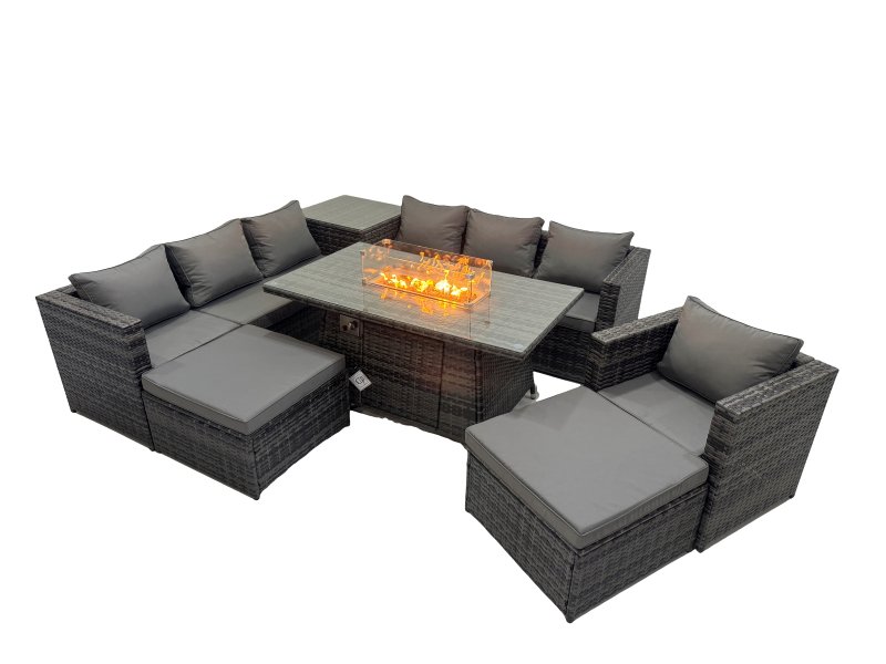 Fimous 9 Seater Garden Outdoor Rattan Furniture Set Patio Corner Sofa Gas Firepit Dining Table with Side Table 2 Big Stools Dark Grey