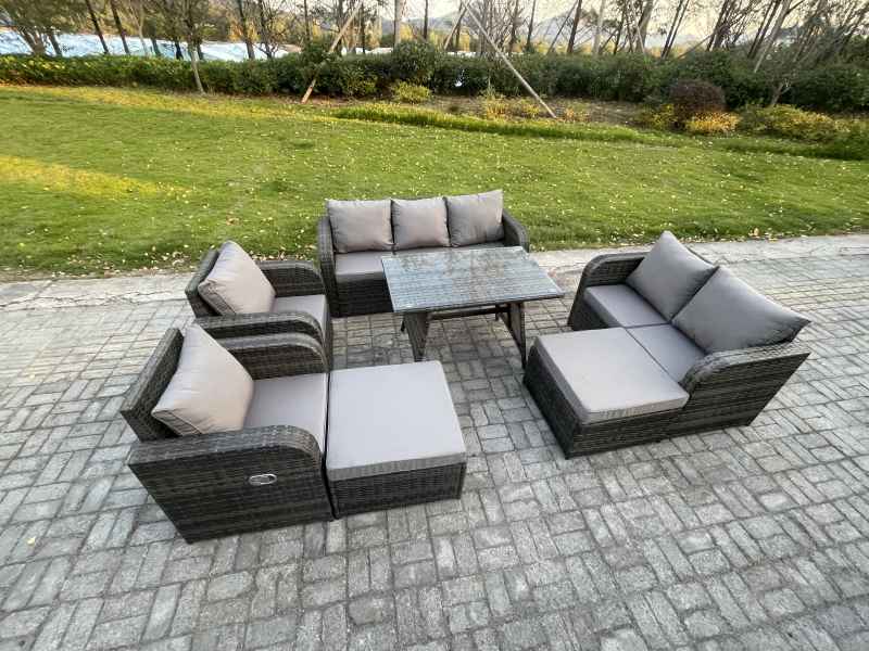 Fimous Rattan Garden Furniture Dining Set 9 seater Patio Rectangular Table 2 Big Footstool Love Sofa Dark Grey Mixed