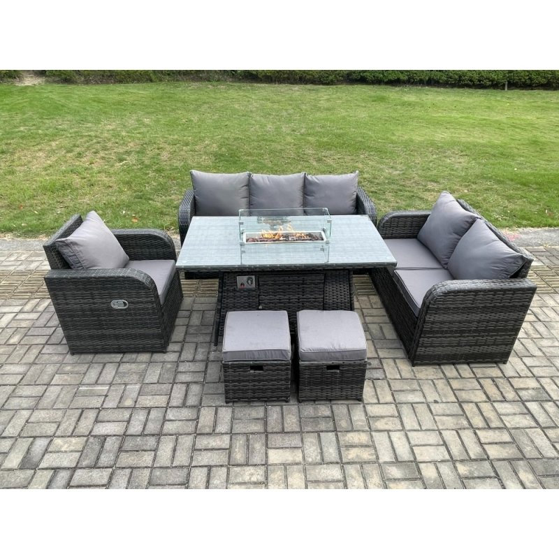 Fimous Wicker Rattan Garden Furniture Set with Fire Pit Table 8 Seater Outdoor Lounge Sofa Set Dark Grey Mixed