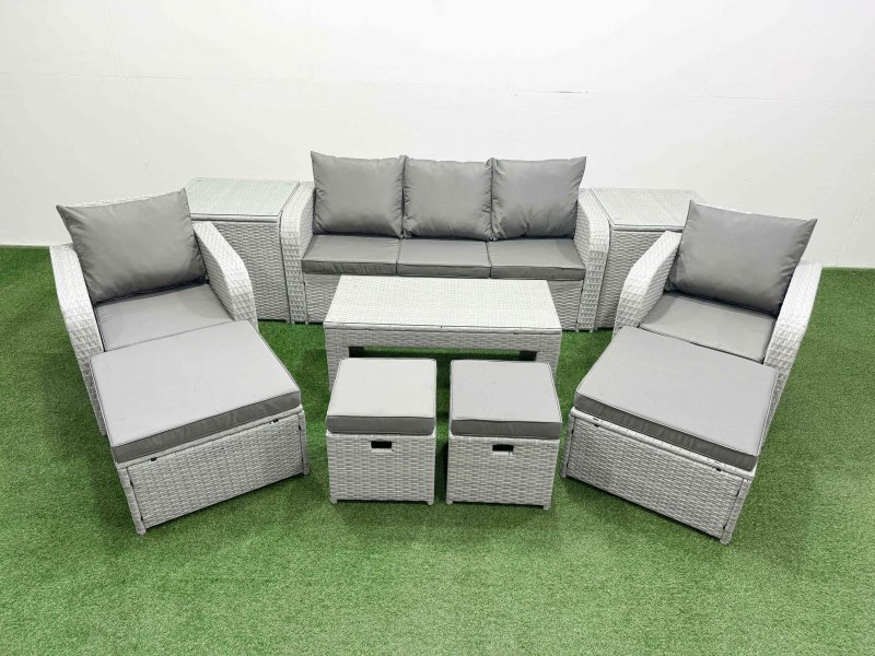Fimous PE Wicker Rattan Furniture Sofa Sets with Oblong Coffee Table 3 Seater Sofa 4 Stools 2 Side Tables Light Grey Mixed