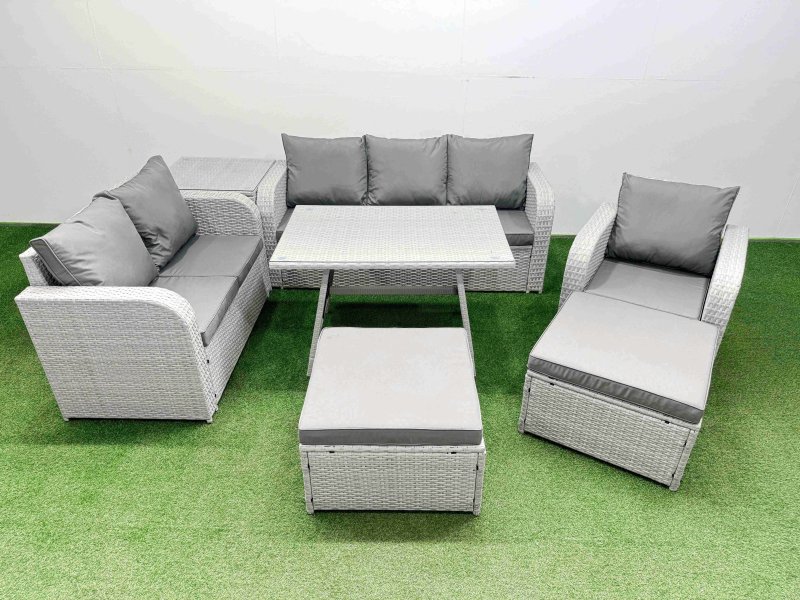 Fimous Rattan High Back Lounge Sofa Set Patio Dining Table & Chairs Set with 3 Seater Sofa Reclining Chair Side Table 2 Big Stool Light Grey