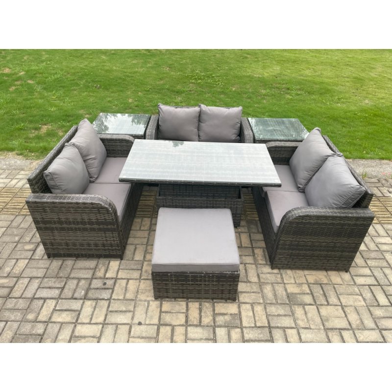 Fimous Rattan Garden Outdoor Furniture 3 PC Love Sofa Set Patio Adjustable Rising lifting Dining Table With 2 Side Tables Big Footstool