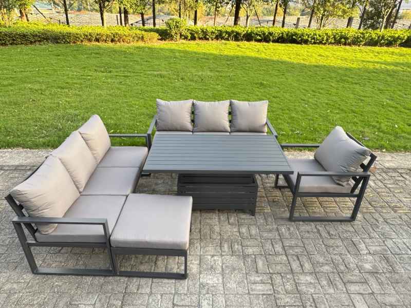 Fimous Aluminium Garden Furniture Sets,7 Seater Outdoor Sofa Dining Set with Adjustable Rising Lifting Dining Table 2 Side Tables Cushions for Yard,Poolside, Patio, Dark Grey