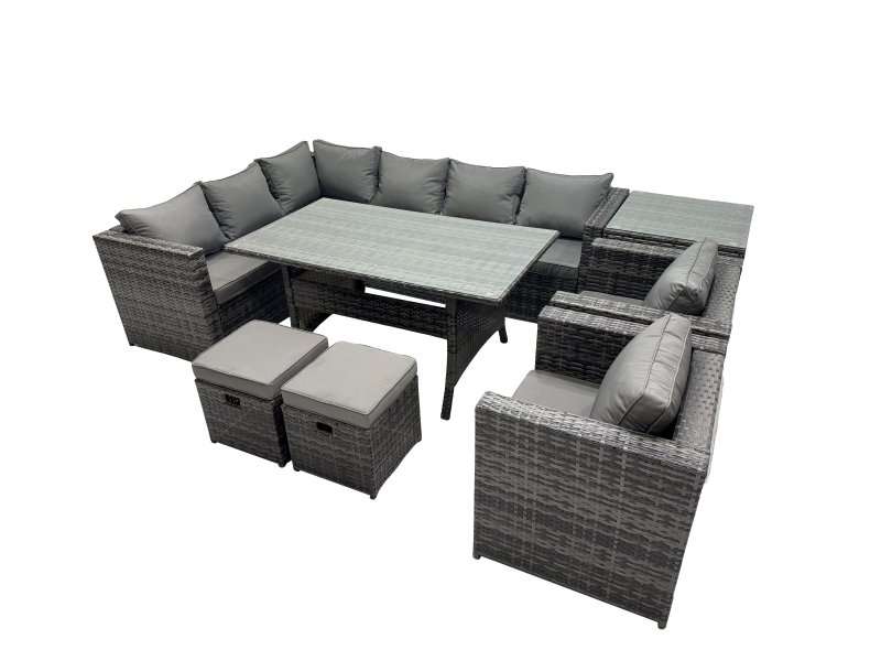 Fimous Outdoor PE Rattan Sofa Set with Dining Table Patio Garden Furniture Sets with 2 Small Stools Side Table Dark Grey Mixed