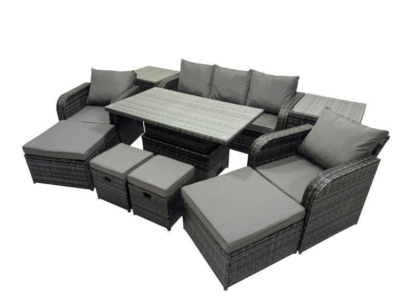 Fimous Rattan Garden Furniture Dining Set 8-seater Patio Height Adjustable Rising Lifting Table Sofa Set with 2 Side Table 2 Big Footstool Dark Grey Mixed