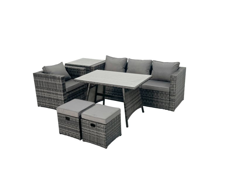 Fimous Rattan Dining Table Sofa Armchair Set with Side Table Small Footstool Outdoor Garden Furniture Set Dark Grey Mixed