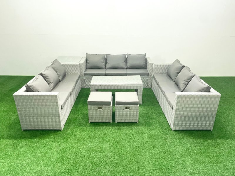 Fimous Rattan Garden Outdoor Furniture Set 11 Seater Garden Sofa Oblong Coffee Table Set with 2 Small Footstool Side Table Light Grey Mixed