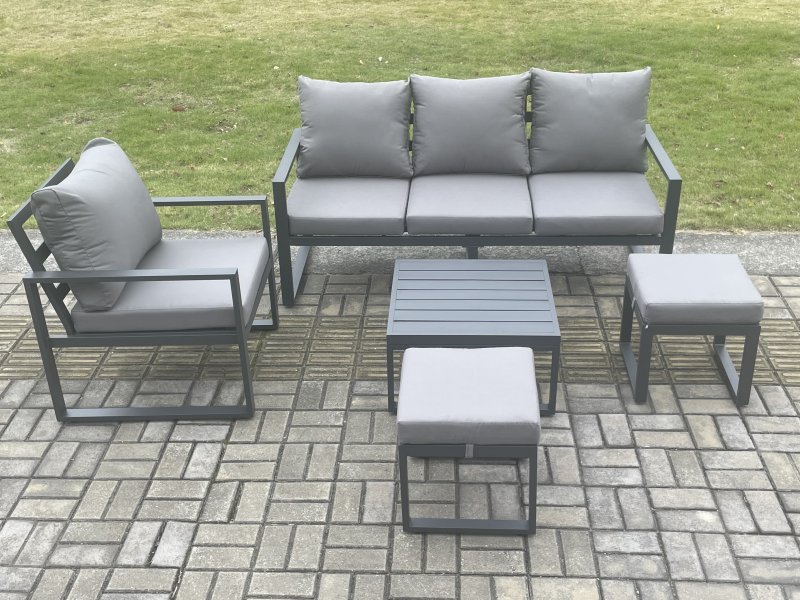 Fimous Aluminium Outdoor Garden Furniture Set Lounge Sofa Chair Square Coffee Table Sets with 2 Small Footstools Dark Grey