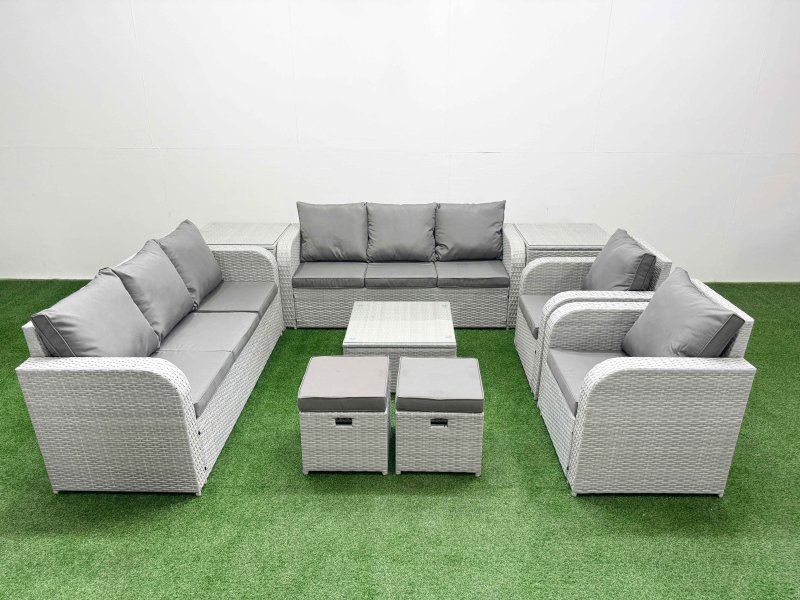Fimous PE Rattan High Back Lounge Sofa Set Patio Square Coffee Table & Chairs Set with 3 Seater Sofa Reclining Chair Stools 2 Side Table Light Grey