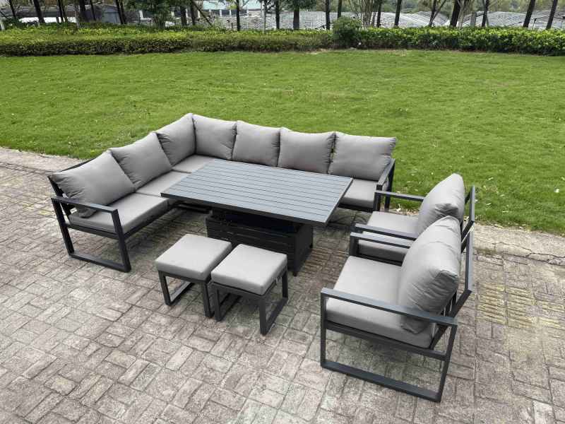 Fimous 7 Pieces Aluminium Garden Furniture Sets with Adjustable Rising Lifting Dining Table Chair 8 Seater Corner Sofa Set Dark Grey