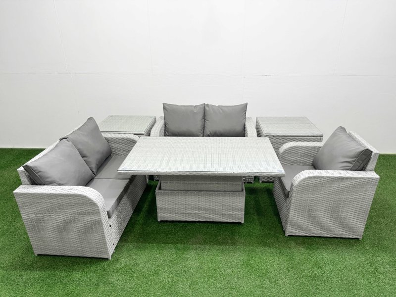 Fimous High Back Poly Rattan Garden Furniture Set with Reclining Chair Loveseat Sofa Adjustable Lifting Dining or Coffee Table Indoor Outdoor Patio Set 2 Side Table Light Grey