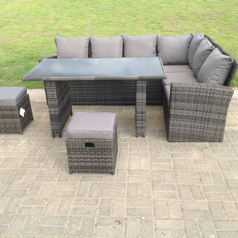 Fimous High Back Grey Mixed Rattan Corner Sofa Dining Set Table With Stools 8 Seater right corner