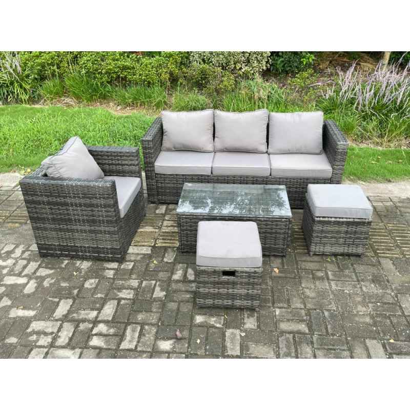 Fimous Rattan Garden Furniture Set with 3 Seater Sofa Coffee Table Armchair 2 Small Footstools Indoor Outdoor Patio Lounge Sofa Set Dark Grey Mixed