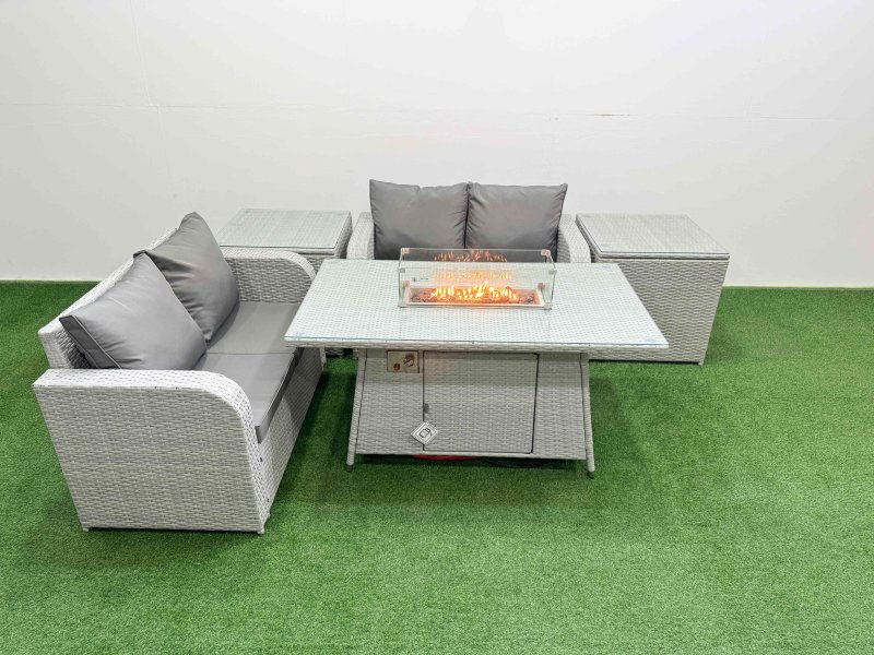Fimous 4 Seater Outdoor Love Sofa Set Rattan Garden Furniture Set with Firepit Dining Table 2 Side Tables Light Grey
