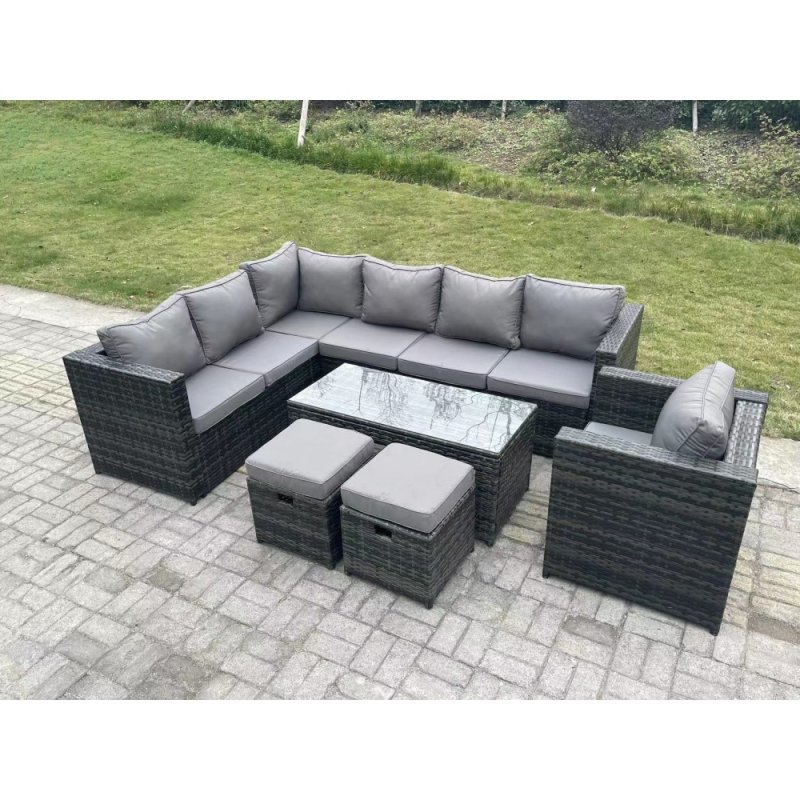 Fimous 9 Seater Rattan Corner Sofa Lounge Sofa Set With Rectangular Coffee Table 2 Stool Dark Grey Mixed Left Hand