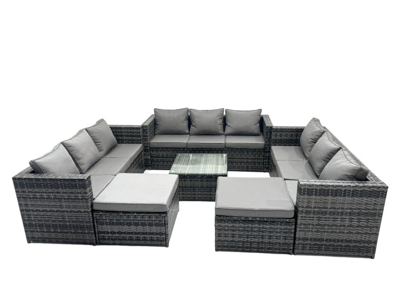 Fimous Outdoor Rattan Garden Furniture Set 11 Seater Patio Lounge Sofa Set with Square Coffee Table 2 Big Footstools Dark Grey Mixed