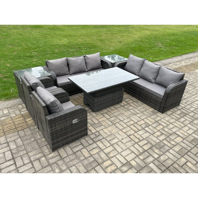 Fimous PE Rattan Outdoor Garden Furniture Sets Height Adjustable Rising lifting DiningTable Sofa Set with Reclining Chair 2 Side Tables Dark Grey Mixed