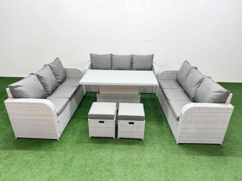 Fimous PE Rattan Lounge Sofa Set 11 Seater Outdoor Garden Furniture Set with Adjustable Lifting Dining or Coffee Table 3 Seater Sofa 2 Stools Light Grey