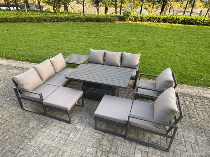 Fimous Garden Aluminium Furniture Set Dark Grey 10 Seater Outdoor Patio Adjustable Rising Lifting Dining Table with 2 Big Footstools Dark Grey
