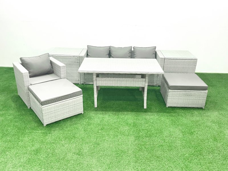 Fimous Rattan Garden Furniture Set Outdoor 6 Seater Patio Dining Sets with Glass Top Dining Table 2 Side Tables Light Grey Mixed