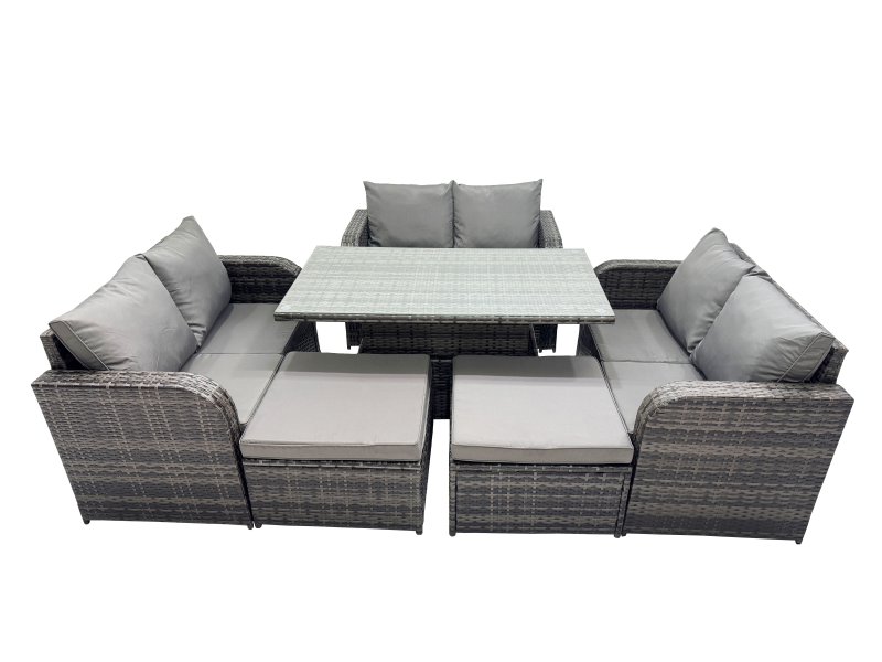 Fimous 8-seater Patio Height Adjustable Rising Lifting Table Sofa Sets Rattan Garden Furniture Dining Set with 2 Big Stools Dark Grey Mixed