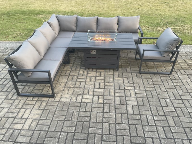 Fimous Aluminium 7 Pieces Garden Furniture Corner Sofa Set with Cushions Gas Fire Pit Dining Table Set Gas Heater Burner with Chair Dark Grey
