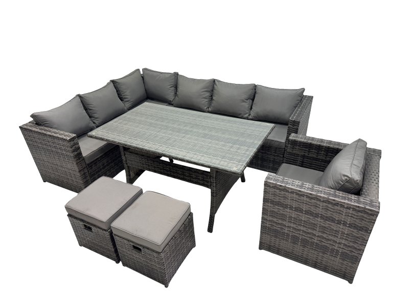 Fimous Outdoor PE Rattan Sofa Set with Dining Table Patio Garden Furniture Sets with Chair 2 Small Stool Dark Grey Mixed