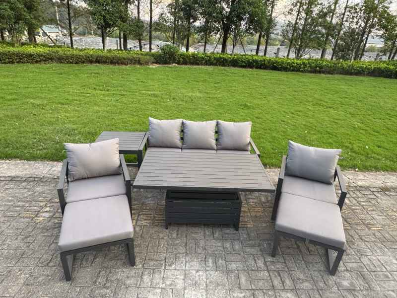 Fimous 6-Piece Aluminium Garden Furniture Sets 7 Seater Outdoor Sofa Set with Adjustable Rising Lifting Dining Table 2 Chairs 2 Big Footstools