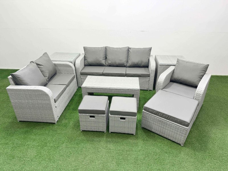 Fimous Patio PE Wicker 9 Seater Outdoor Rattan Furniture Sofa Sets with Oblong Coffee Table Reclining Chair Loveseat Sofa 3 Seater Sofa Stool 2 Side Table Light Grey