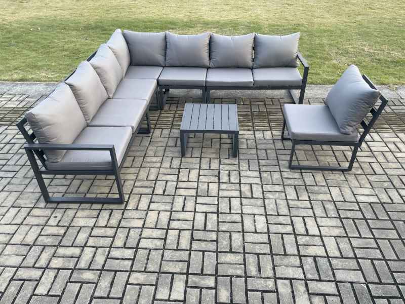 Fimous 8 Seater Patio Outdoor Garden Furniture Aluminium Lounge Corner Sofa Set with Square Coffee Table Dark Grey