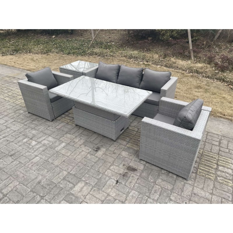 Fimous Rattan Garden Funiture Set Height Adjustable Rising Lifting Table Loung Sofa Dining Set With 2 Arm Chair Side Coffee Table