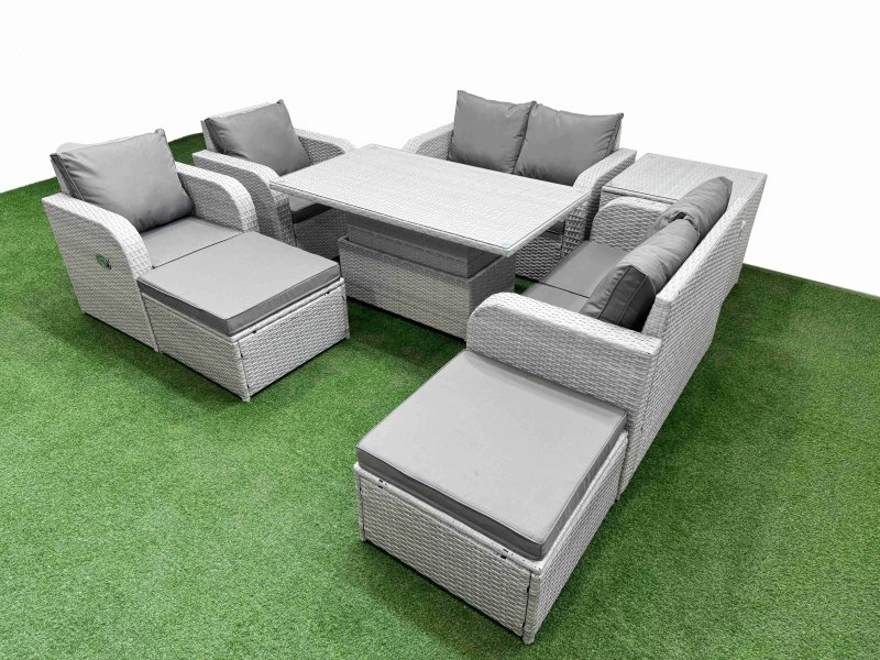 Fimous 8 Seater Outdoor Reclining Chair Love Sofa Set Rattan Garden Furniture Set with Adjustable Lifting Dining or Coffee Table 2 Big FootStools Side Table Light Grey