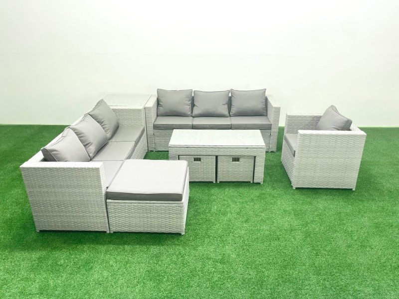 Fimous Wicker PE Rattan Sofa Garden Furniture Set with Oblong Coffee Table Armchair 3 Footstools Side Table Light Grey Mixed
