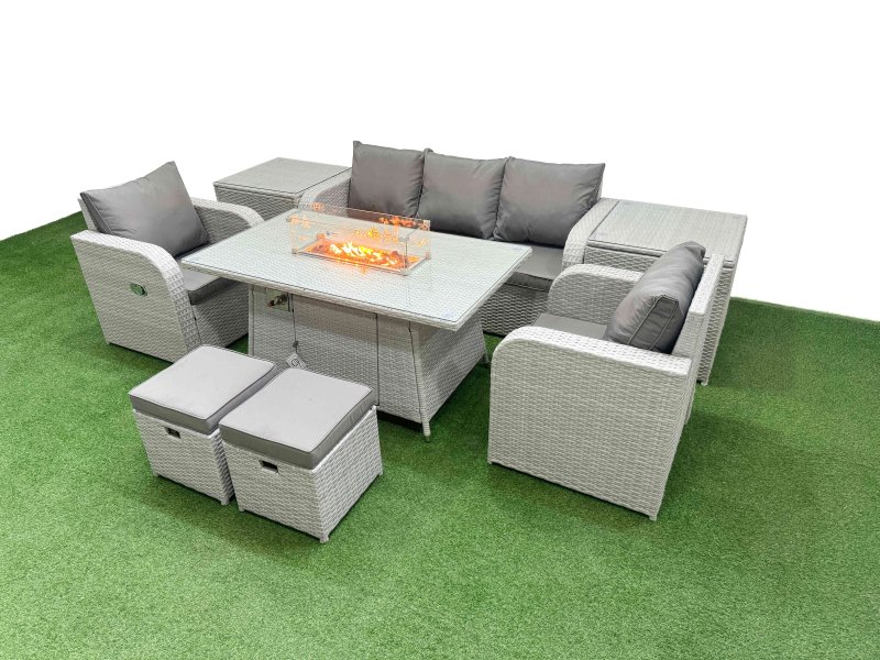 Fimous PE Rattan Garden Furniture Set Reclining Chair Sofa Lounge Sofa Set Firepit Dining Table 2 Side Table 2 Small Stools Light Grey