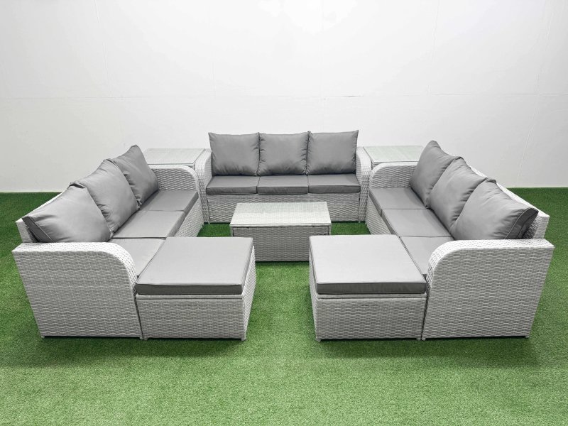 Fimous PE Rattan Lounge Sofa Set 11 Seater Outdoor Garden Furniture Set with Rectangular Coffee Table 3 Seater Sofa 2 Big Footstools 2 Side Table Light Grey