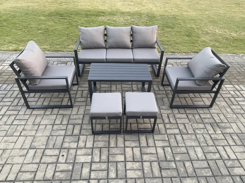 Fimous Aluminium Patio Outdoor Furniture Set 7 Seater Garden Sofa with Oblong Coffee Table 2 Small Footstools 2 Armchairs Dark Grey