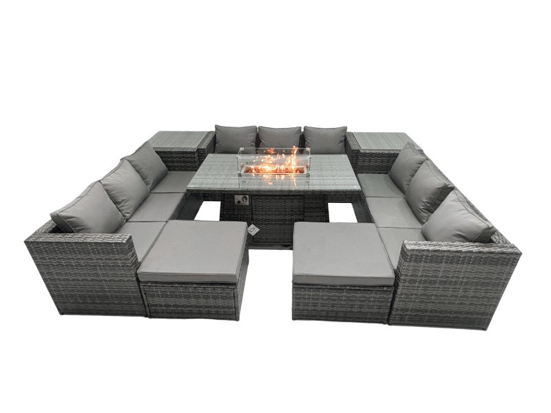 Fimous Rattan Garden Furniture Firepit Dining Set Outdoor 11 Seater Patio with Glass Top Dining Table 2 Side Tables