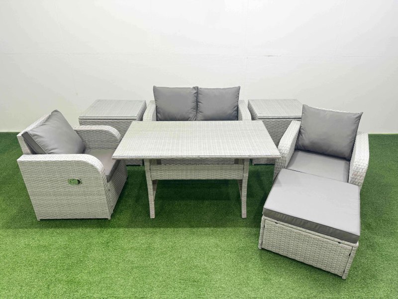 Fimous Light Grey PE Wicker Rattan Garden Furniture Set Sofa Set Reclining Chair Rectangular Dining Table 5 Seater With Footstool 2 Side Table