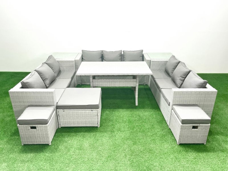 Fimous Rattan Garden Outdoor Furniture Set 12 Seater Garden Sofa Rectangulr Dining Table Set with 3 Footstools 2 Side Tables Light Grey Mixed