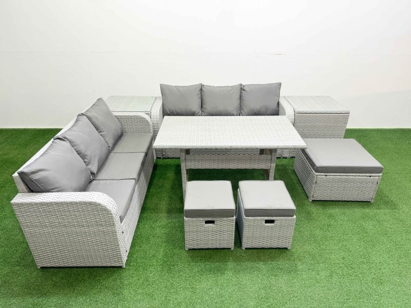 Fimous Outdoor Garden Furniture Sets 9 Seater Wicker Rattan Furniture Sofa Sets with Rectangular Dining Table high Back Lounge Sofa 3 Stools 2 Side Table Light Grey