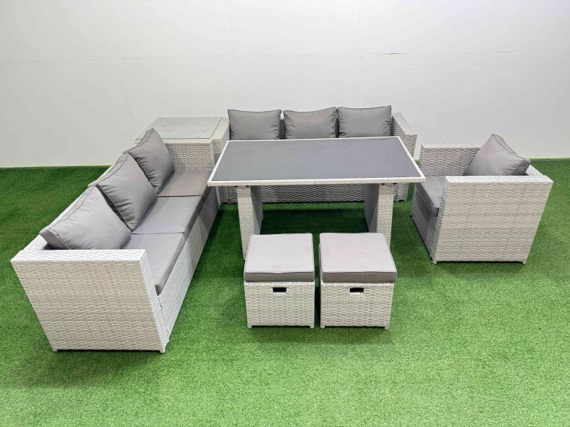 Fimous Patio Garden Furniture Sets with Black Glass Top Dining Table 3 Seater Sofa Armchair Side Table 2 Small Stool Light Grey