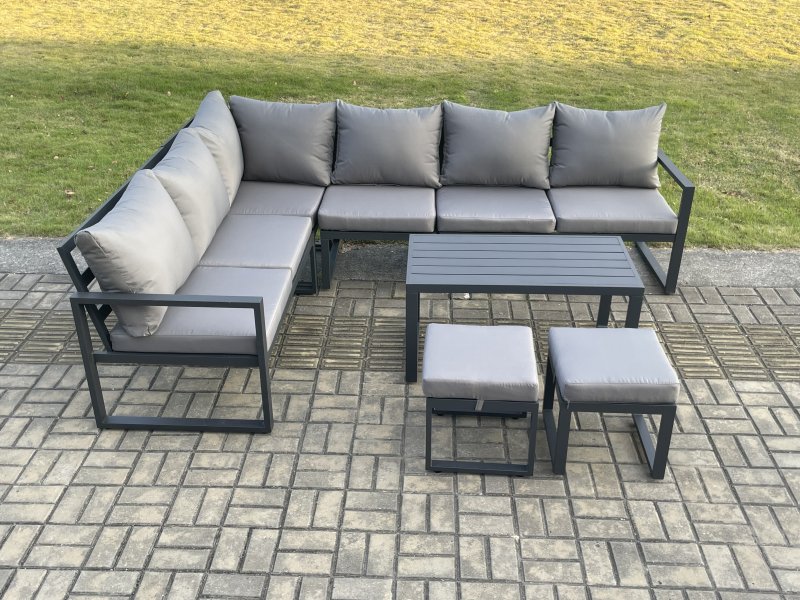Fimous Aluminium Garden Furniture Set Outdoor Indoor Lounge Corner Sofa Oblong Coffee Table Sets with 2 Small Footstools Dark Grey