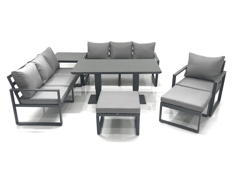 Fimous Outdoor Garden Furniture Set Aluminium Lounge Sofa Adjustable Rising Lifting Dining Table Sets with 2 Big Footstools Side Table Dark Grey