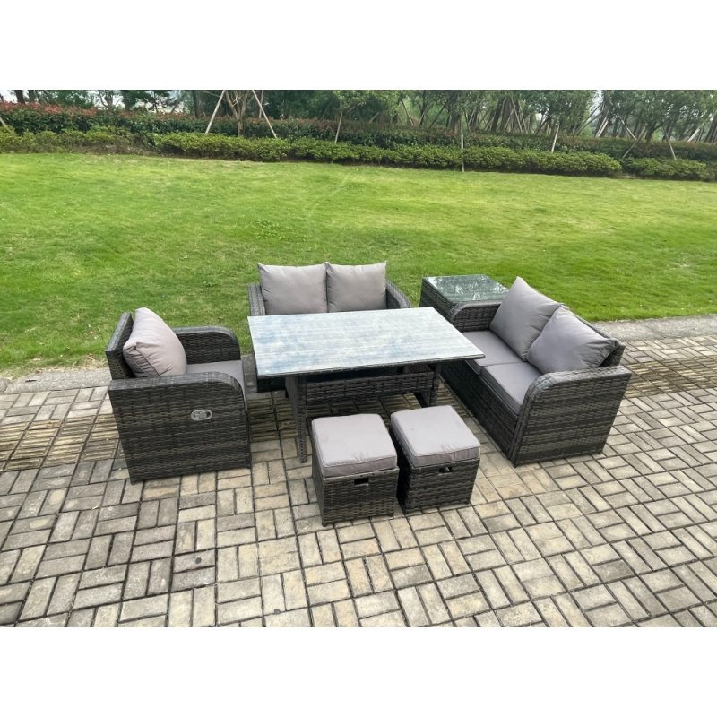 Fimous Lounge Rattan Sofa Set Outdoor Garden Furniture Oblong Rectangular Dining Table With Chairs Side Table 2 Small Footstools Dark Grey Mixed
