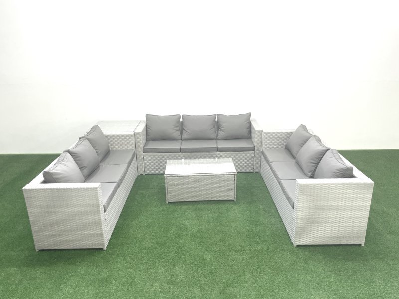 Fimous Rattan Garden Outdoor Furniture Set 9 Seater Garden Sofa Coffee Table Set with Side Table Light Grey Mixed
