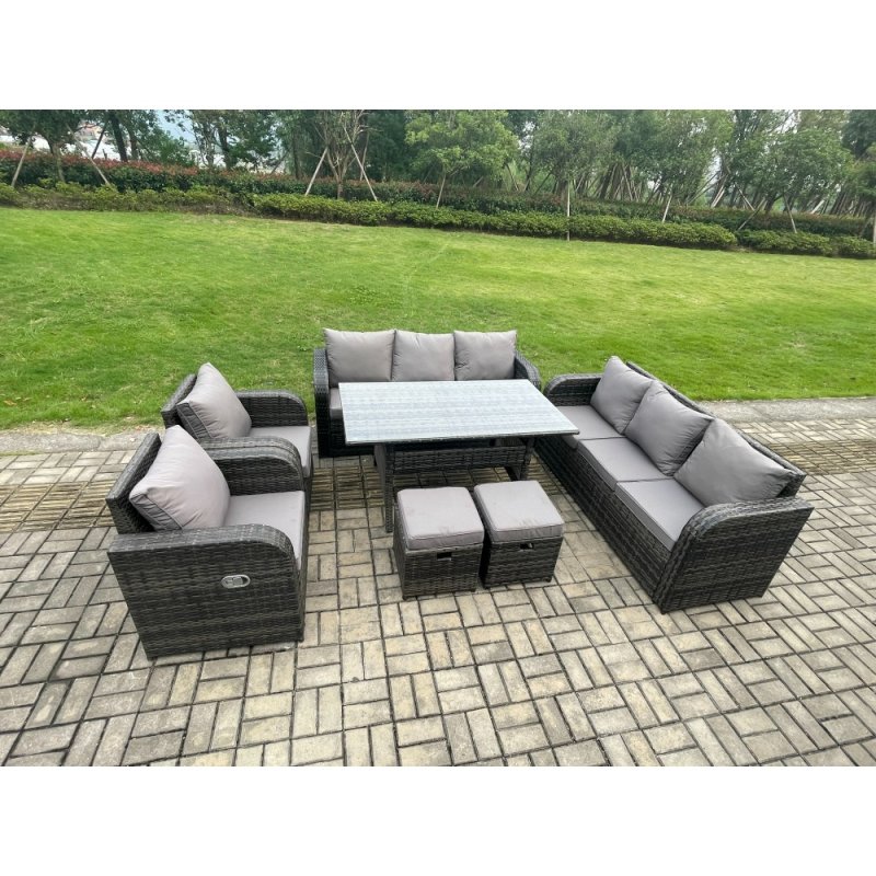 Fimous 10 Seater Lounge Rattan Sofa Set Outdoor Garden Furniture Oblong Rectangular Dining Table With Adjustable Chair 3 Seater Sofa 2 Small FootstoolsDark Grey Mixed