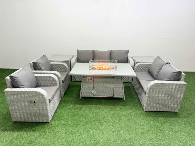 Fimous PE Rattan Garden Furniture Set Reclining Chair Sofa Double Love Seat 2 Seater Sofa Lounge Set Firepit Dining Table 2 Side Table Light Grey